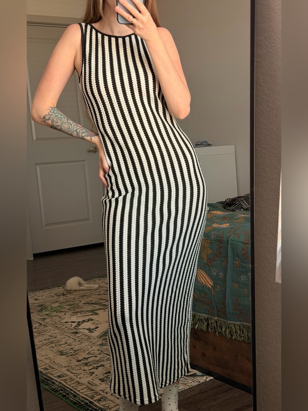 Sleeveless Black & White Striped Maxi Dress